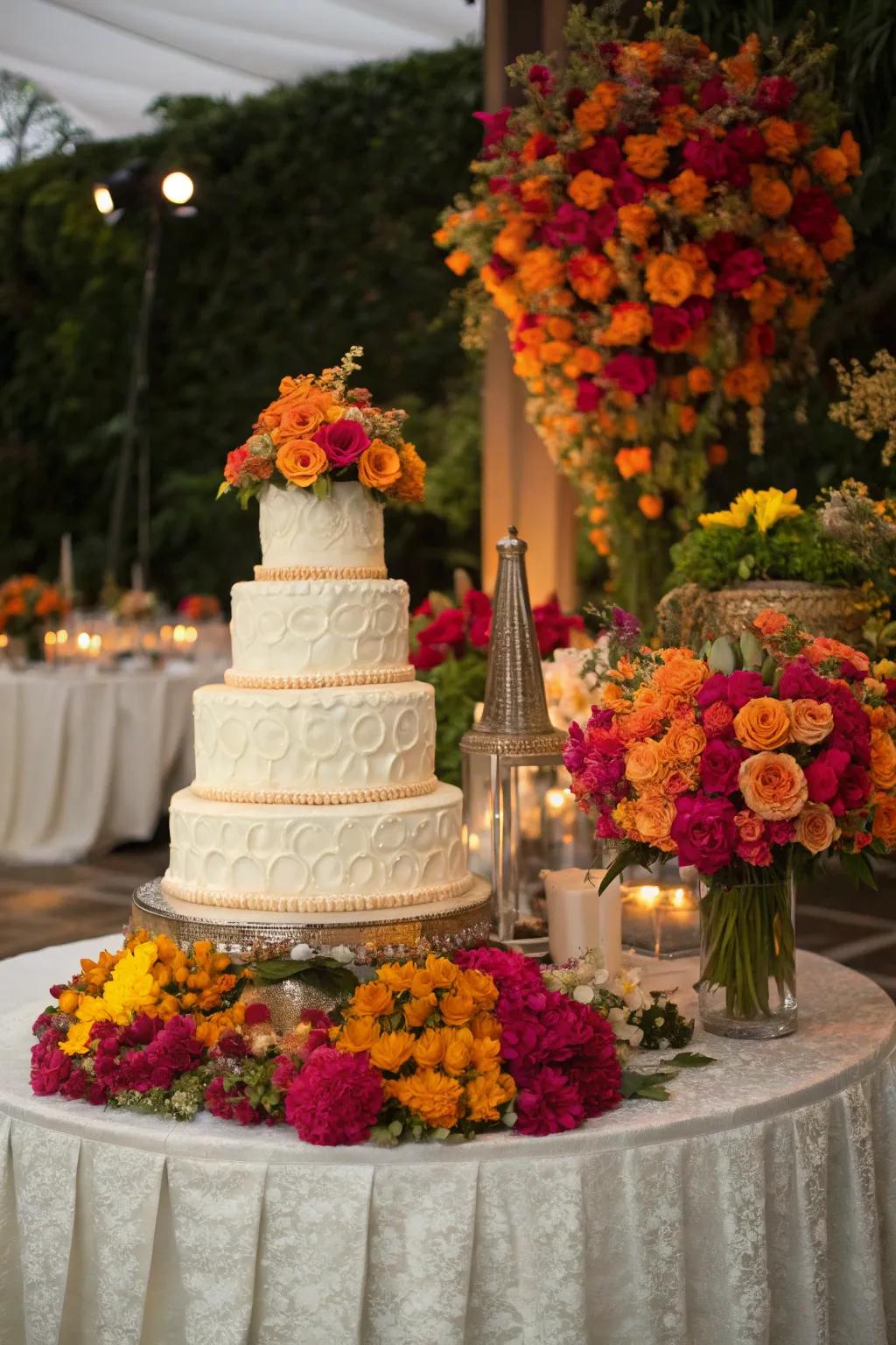 A cake display lavishly graced with a rich floral arrangement.
