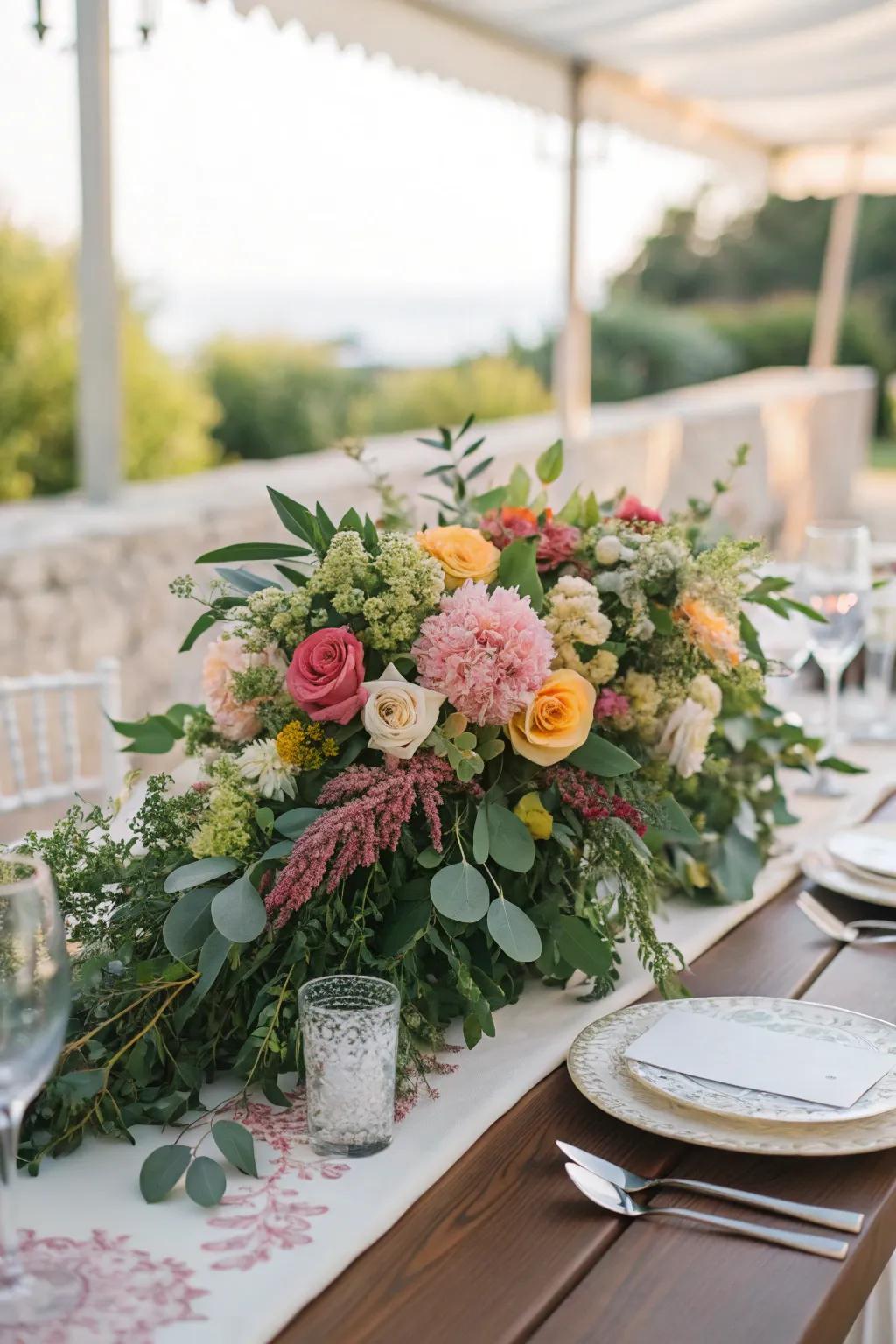 A wedding table showcasing an abundant floral centerpiece, creating a garden-like ambiance.