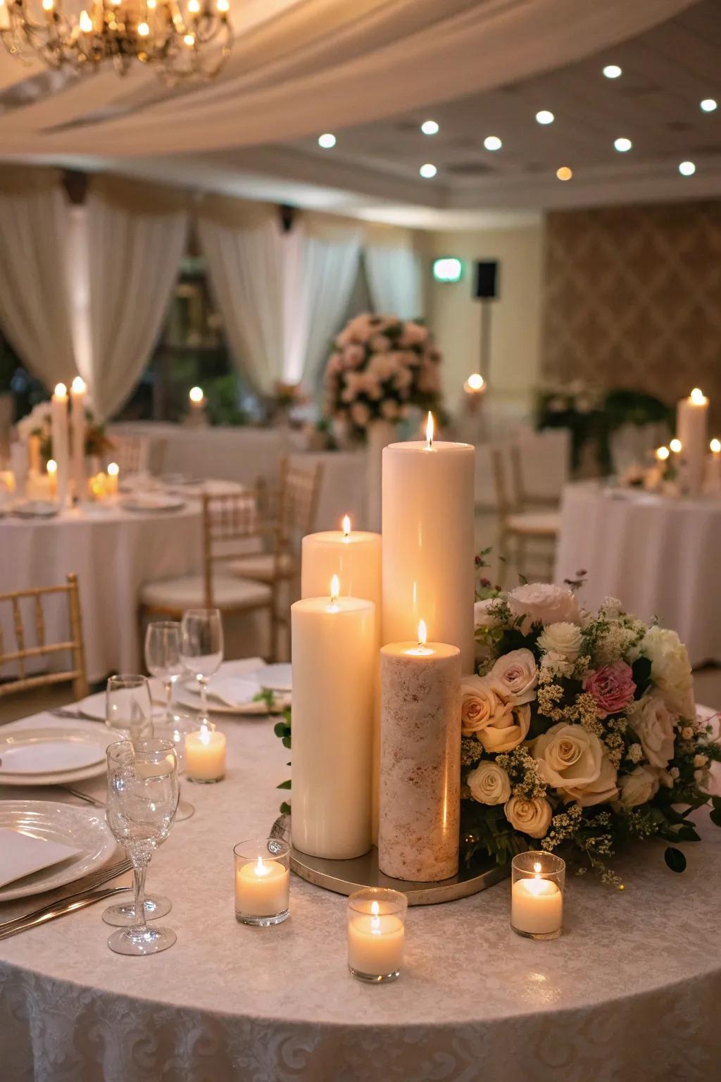 A warm, candlelit centerpiece perfect for adding romance to your round tables.