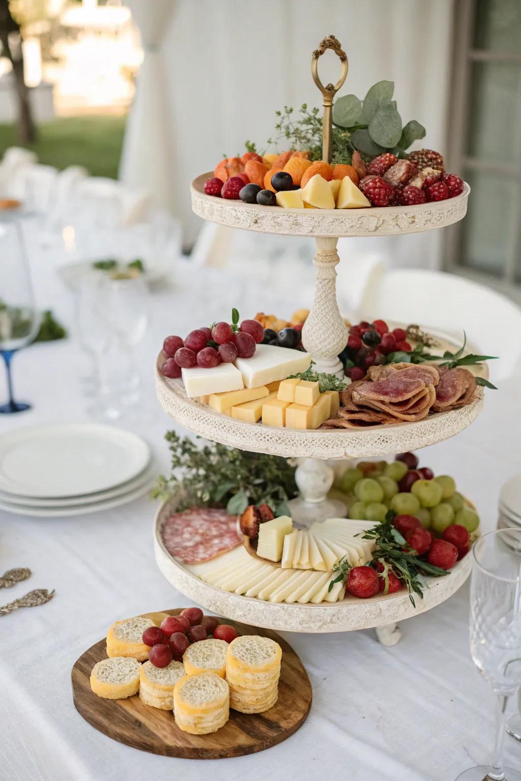 A tiered charcuterie display adds elegance to any wedding.