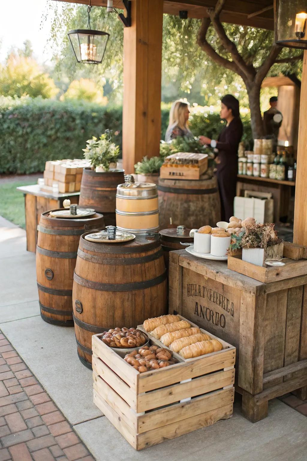 A rustic wedding coffee station highlighted by timbered casks and retro containers.