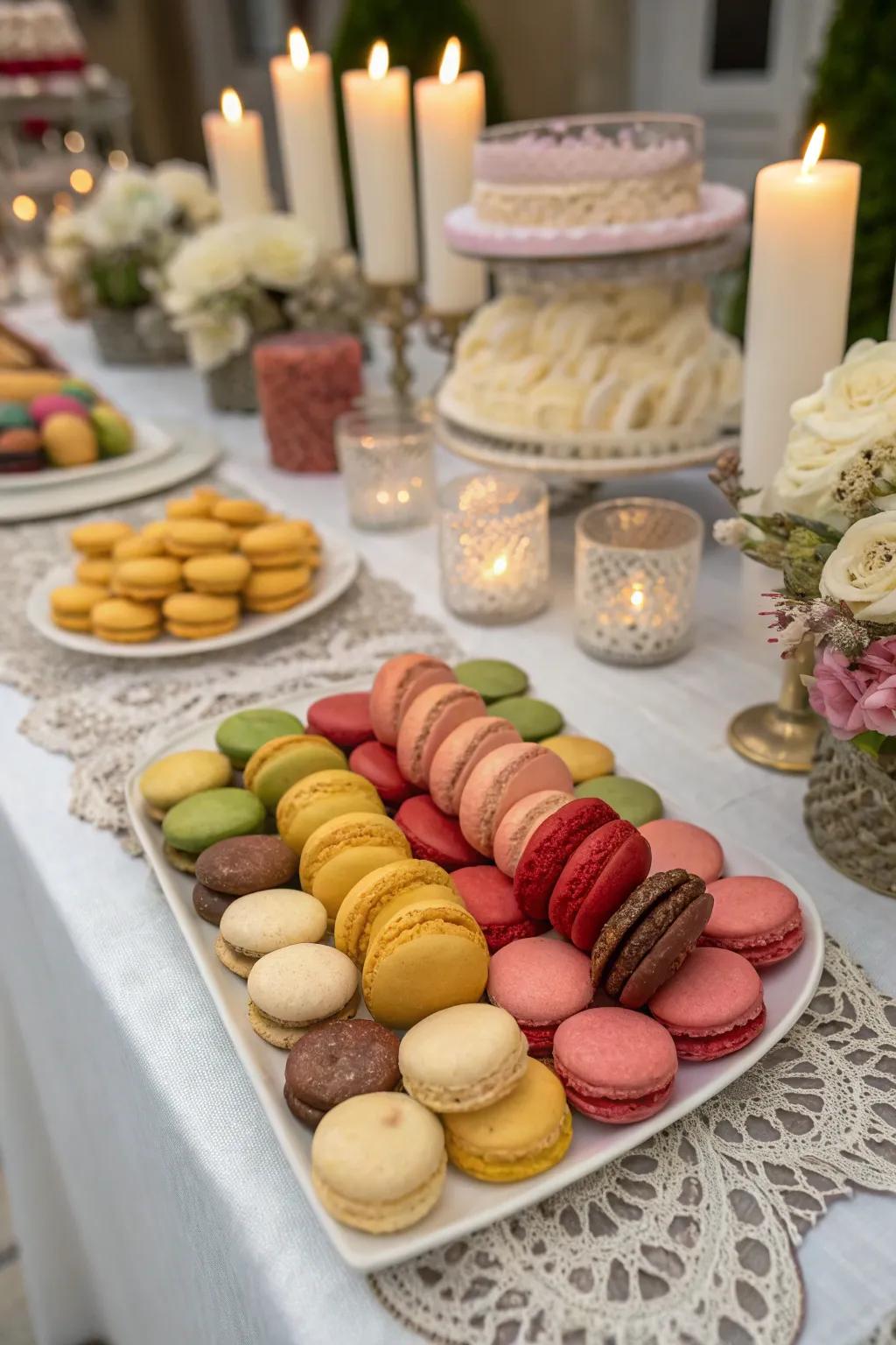 A wedding cookie table, overflowing with various cookie shapes and flavors.