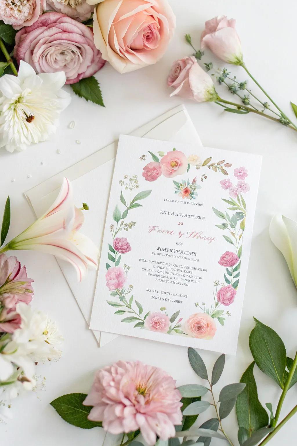 Watercolor floral wedding invitation with a gentle, romantic feel.