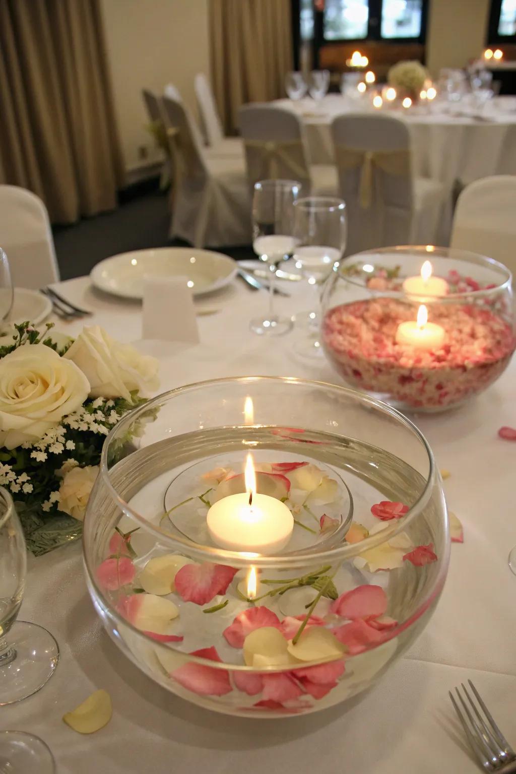 Floating lights and floral decorations conjuring an enchanting ambiance.