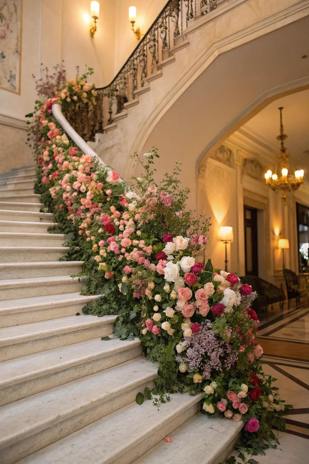 A stairway reinvented as a floral dreamland with seasonal blossoms.