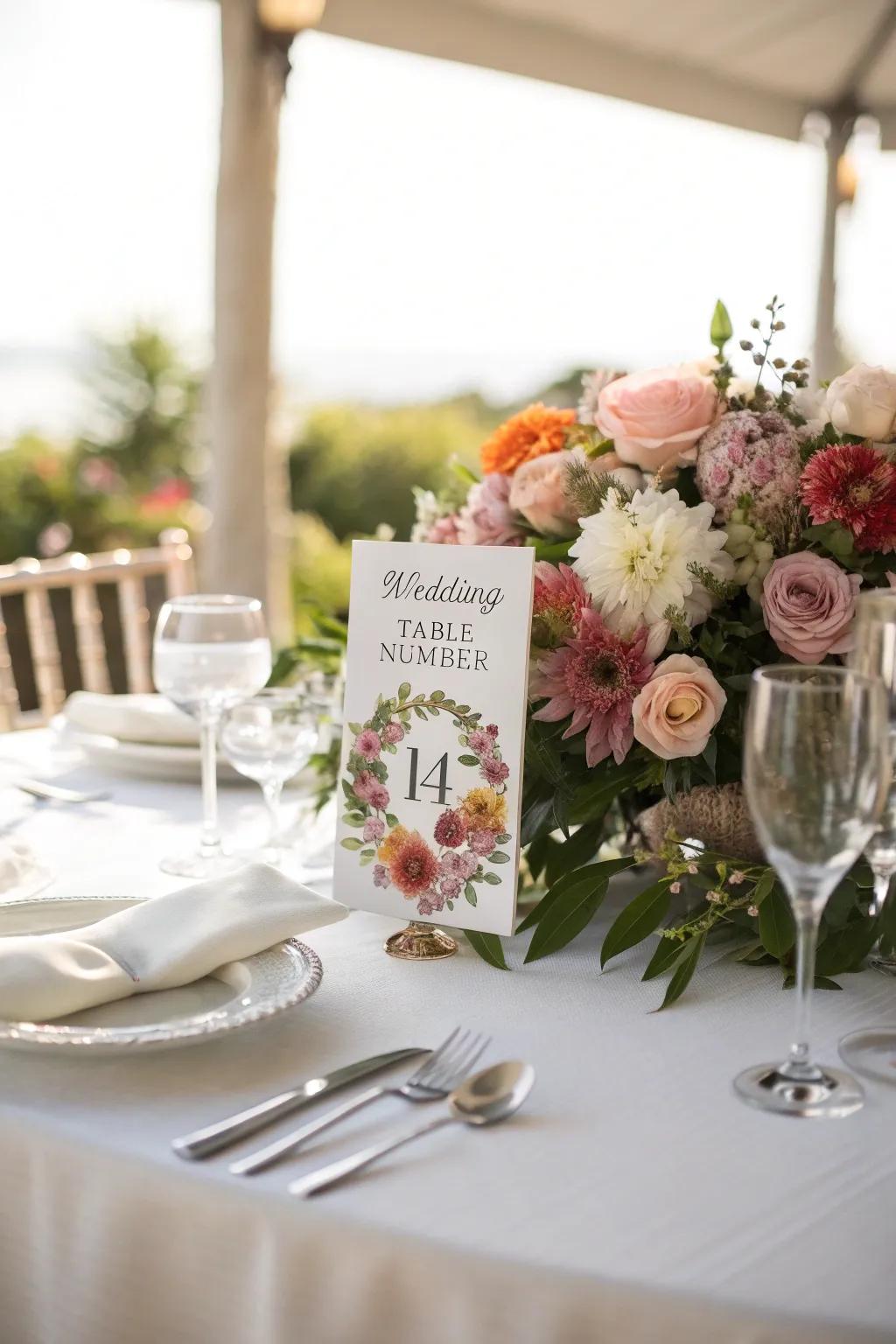 Botanical touches around table markers craft an enchanting, love-filled atmosphere.