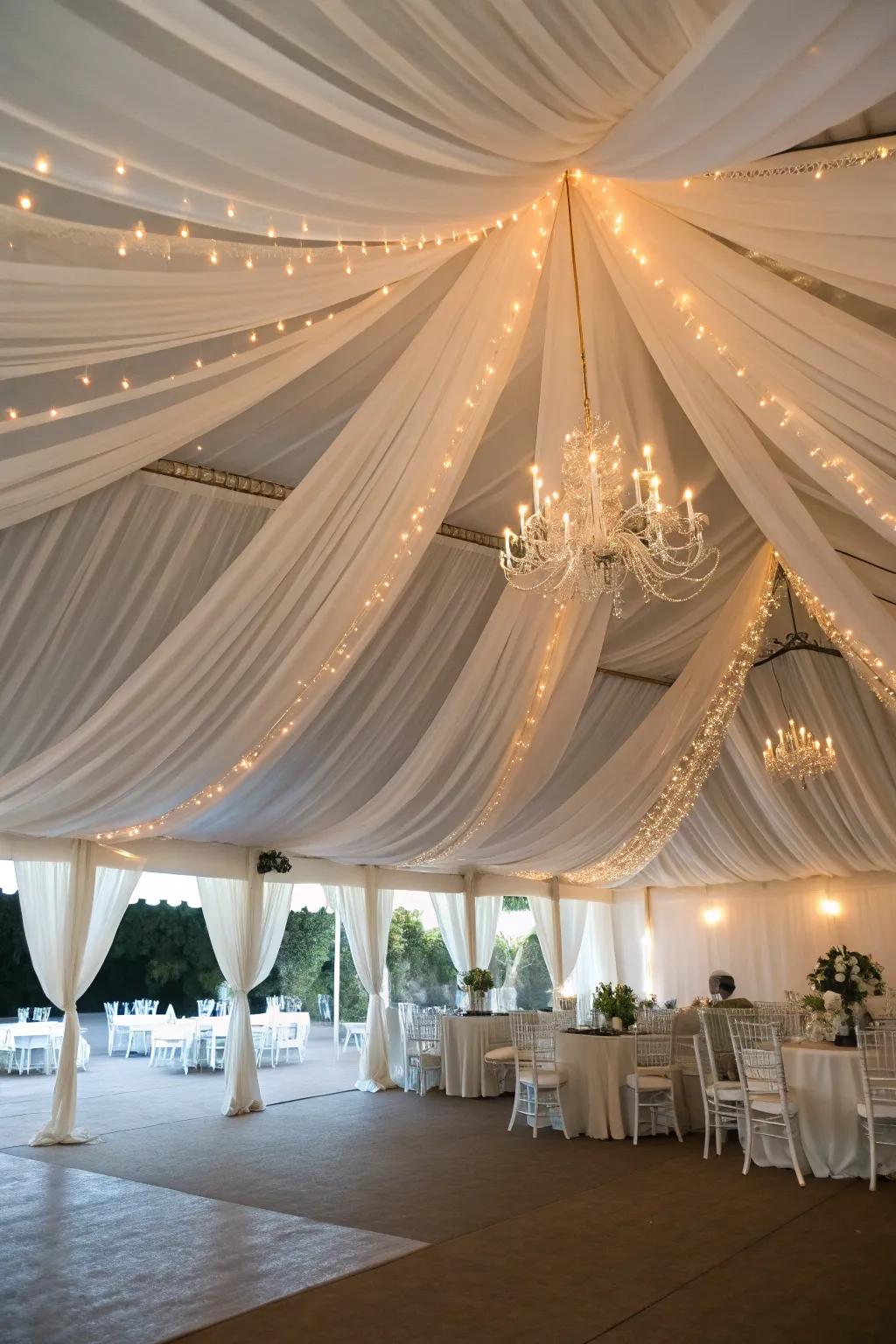 Graceful draped fabrics turn the tent into a sanctuary of romance.