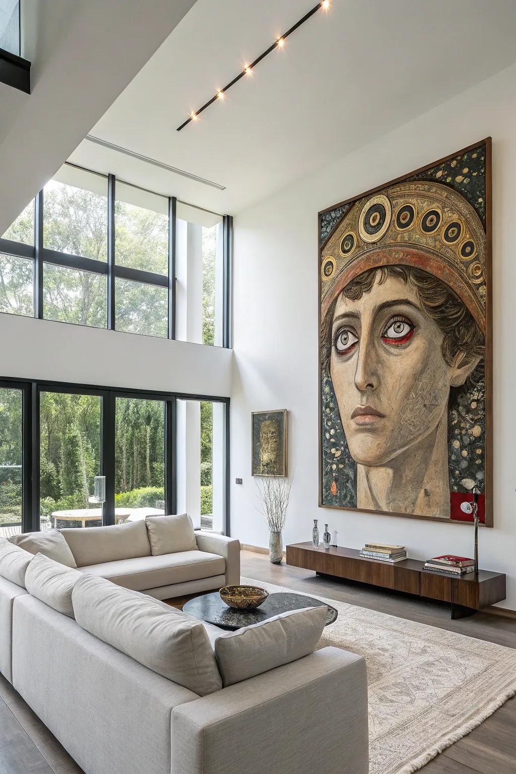 A piece showcasing a face with extra eyes, lending an eccentric touch to the decor.