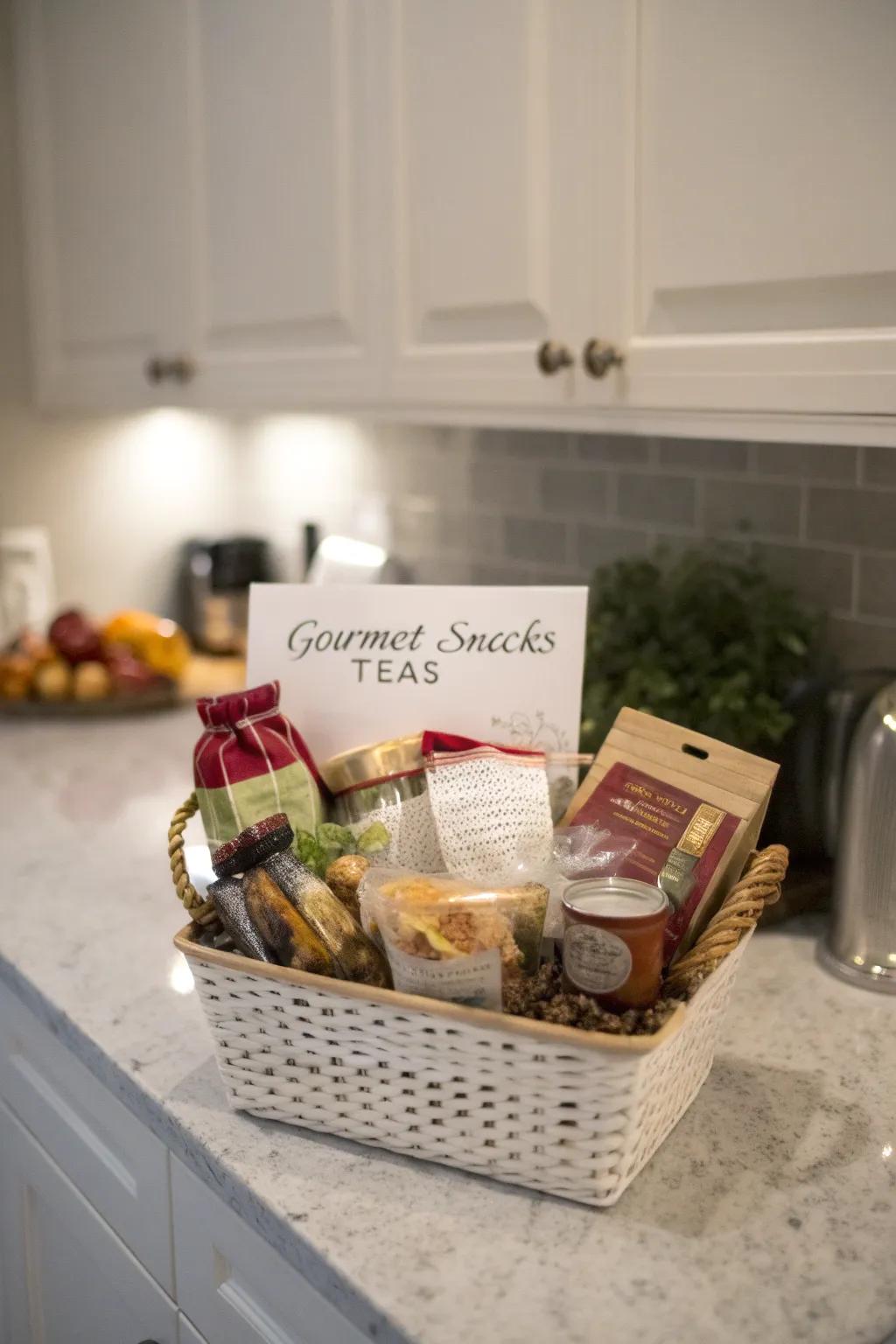 A customized goodie basket brimming with treats.