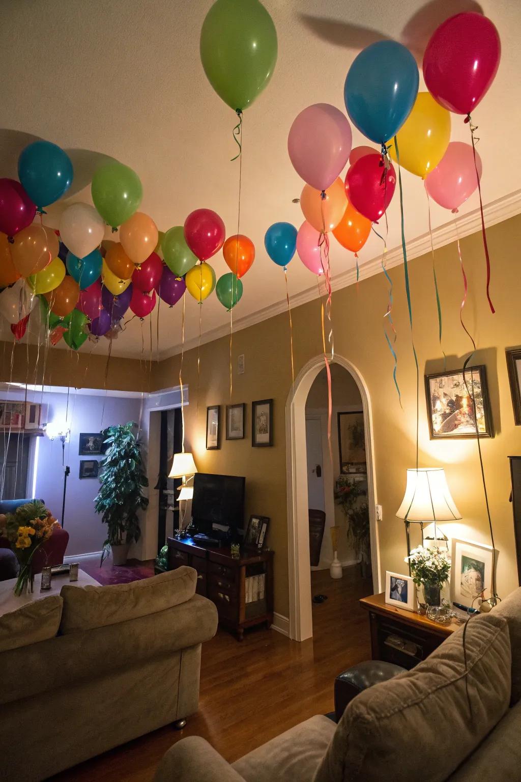 A room transformed with vibrant helium balloons.