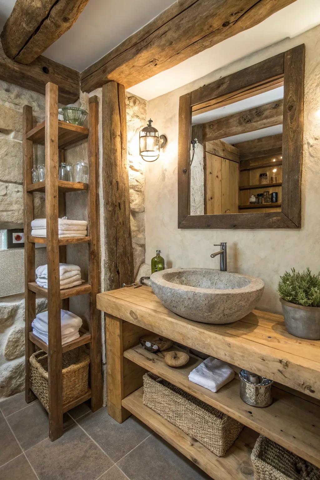 The charm of rustic décor can be created instantly with wooden and stone accents.