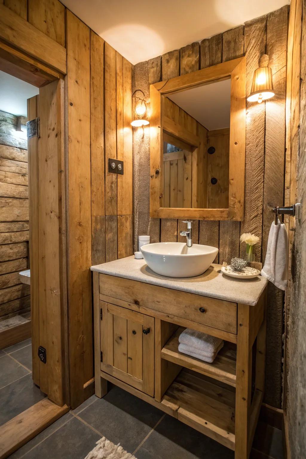 A bathroom that features a timber vanity and recovered timber cladding.