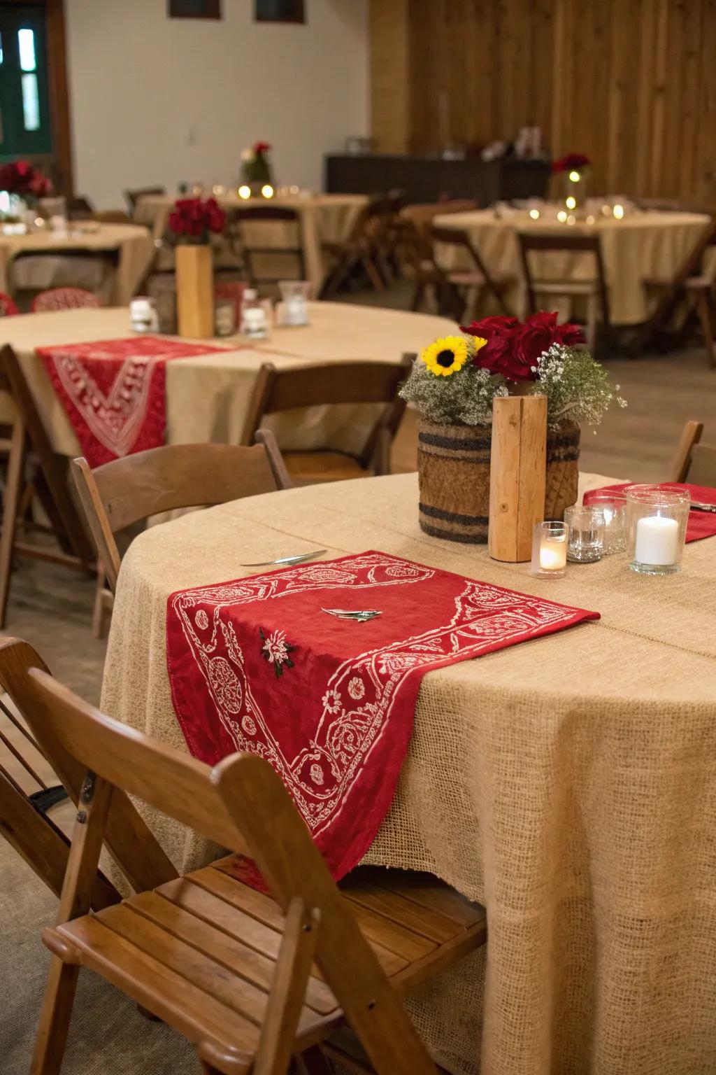 Rustic cloths and cotton scarves add a homespun appeal to your Western setting.