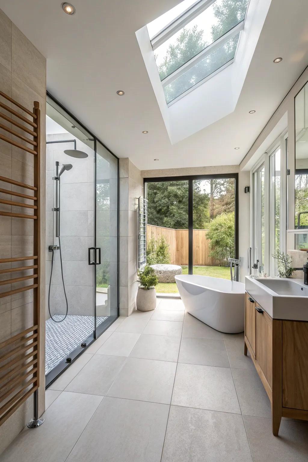 A wet room with an open design, radiating spaciousness and smooth transitions.