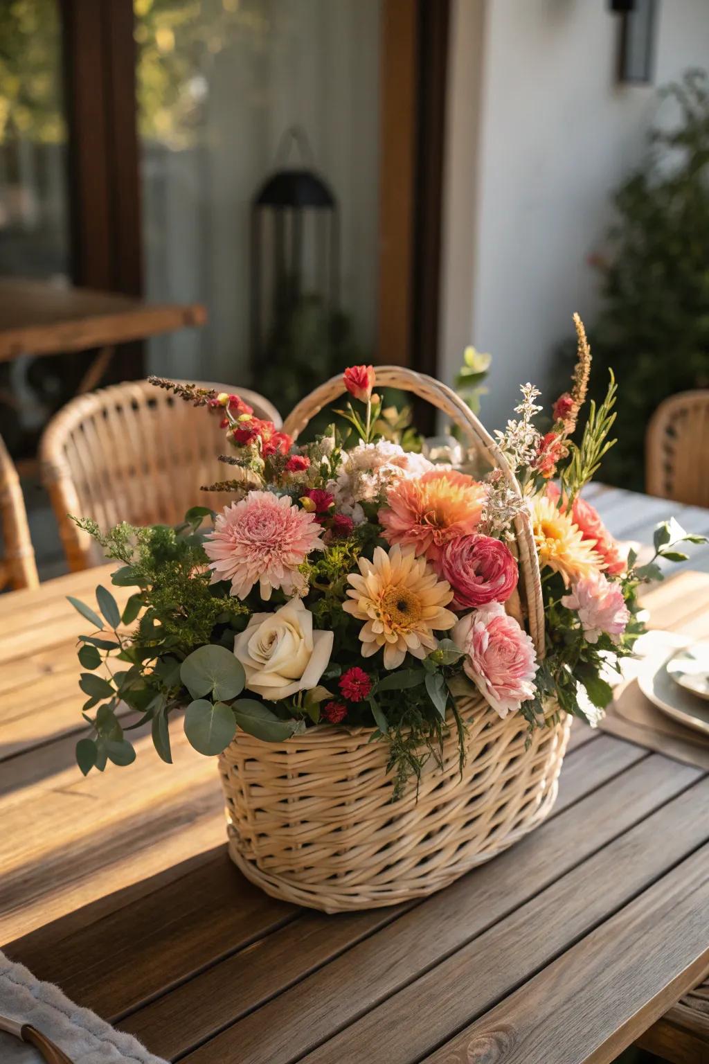 A wicker basket brimming with vibrant blossoms introduces a natural element to the dining area.