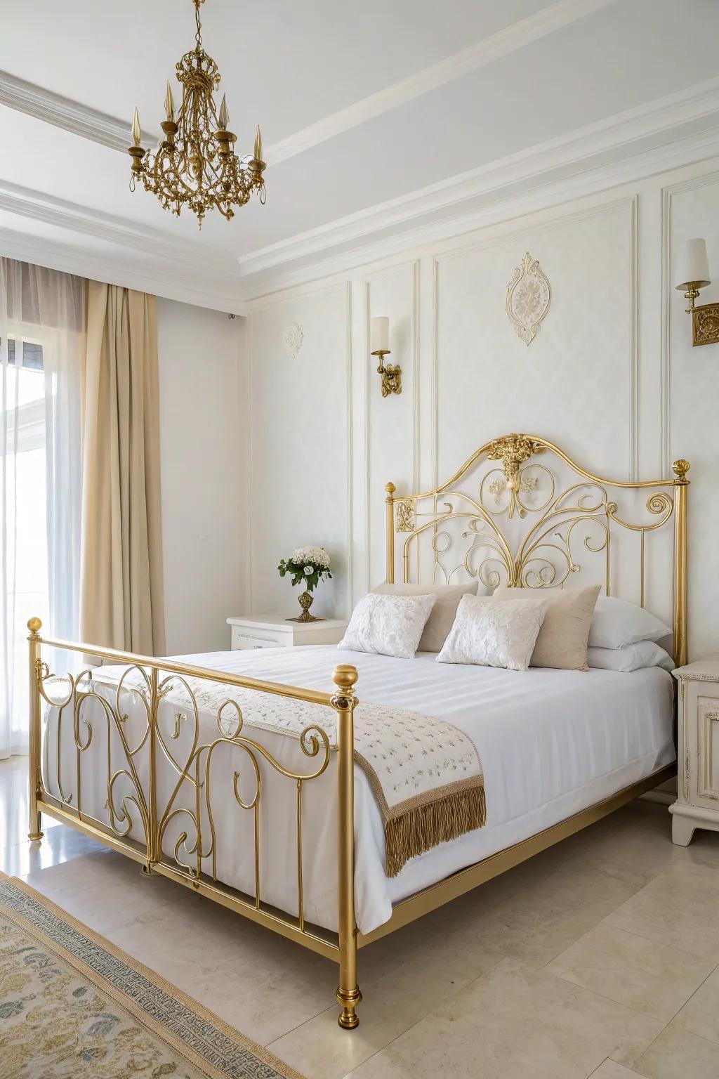 A timeless bedroom aesthetic is achieved with classic white and gold.