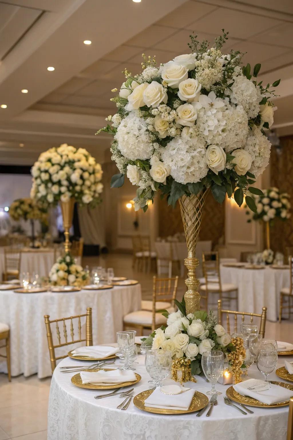 Refined flower displays featuring white and gold touches.