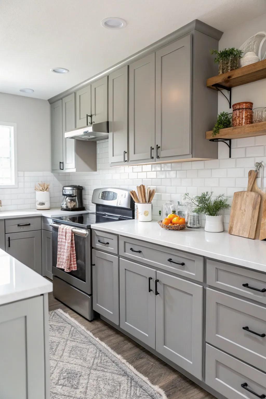 Slate framed cabinets contribute an ageless feel to this current kitchen.