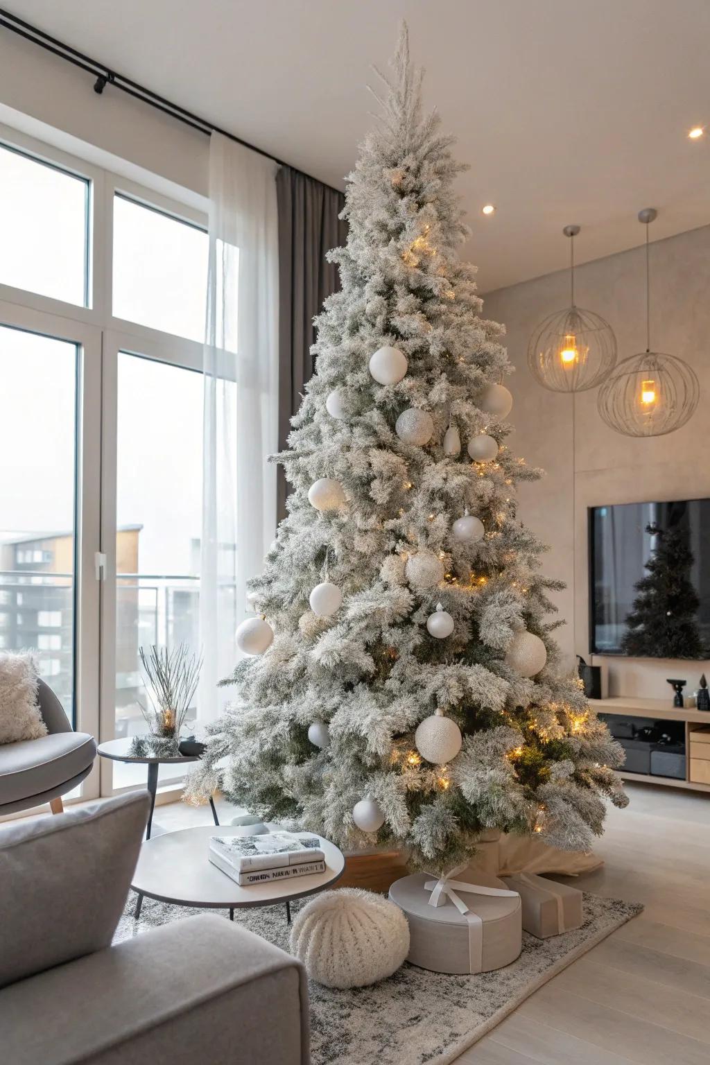 A flocked tree adorned with silver and white decorations creates a snowy elegance.