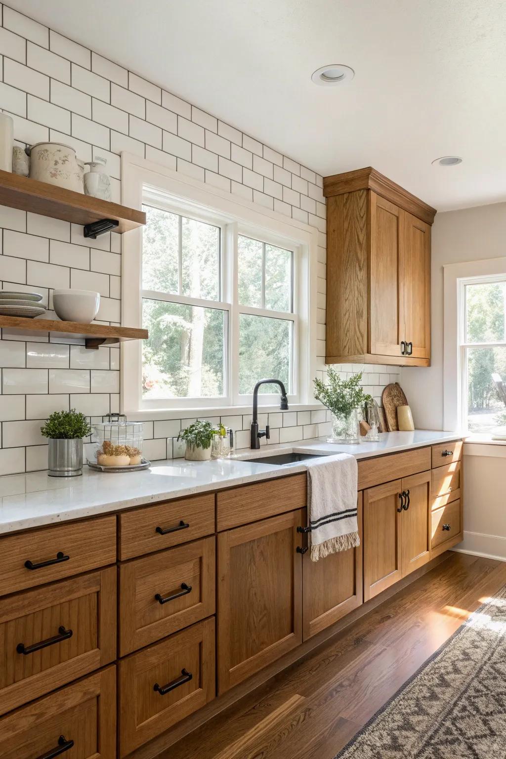 Classic white square panels enhance the wooden cabinetry.