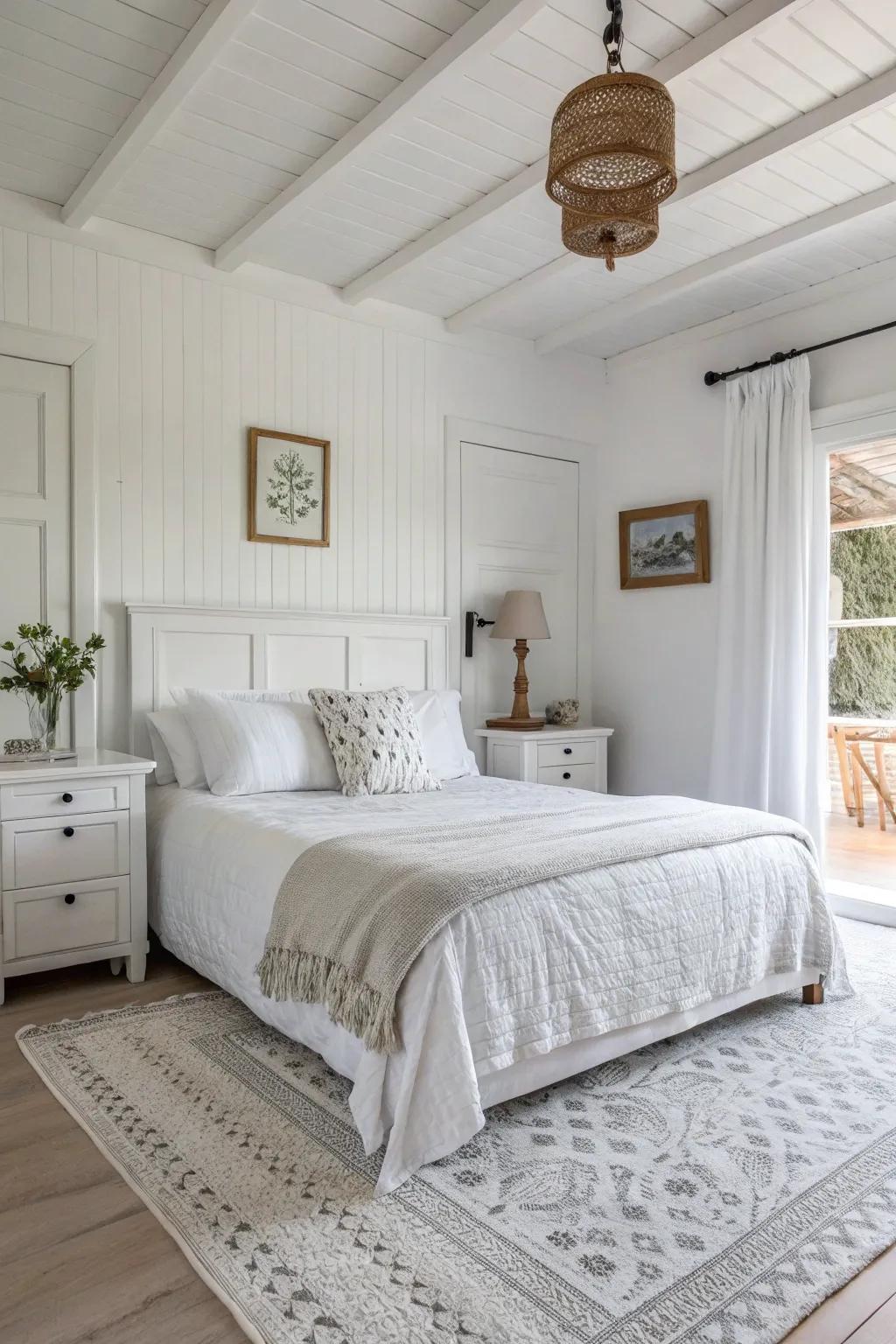 A unified color scheme in a white bedroom maximizes light and area.