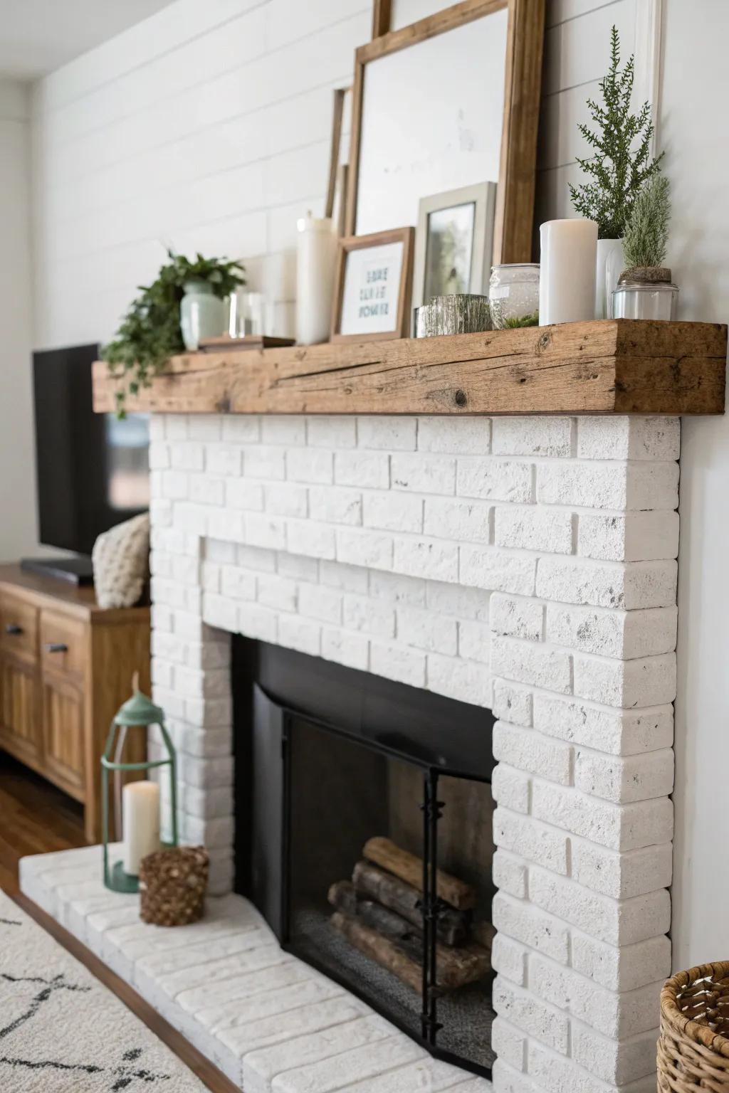 A rustic wooden mantel adds warmth to the white brick backdrop.