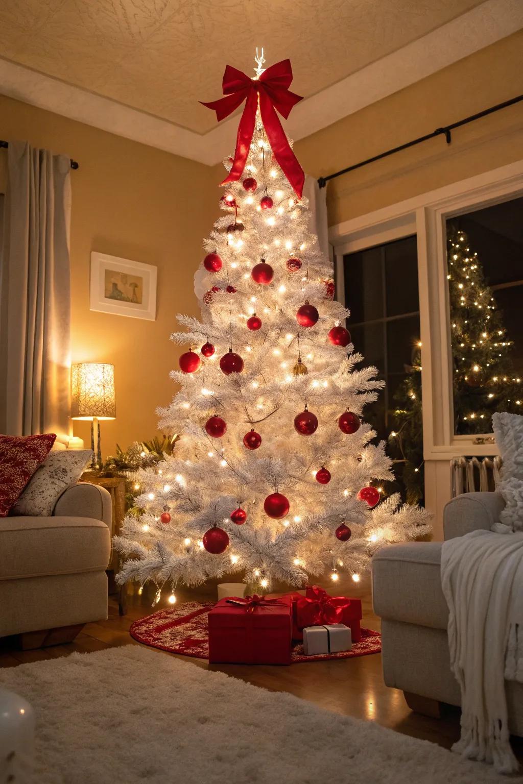 A timeless red and white theme adorns a white Christmas tree.