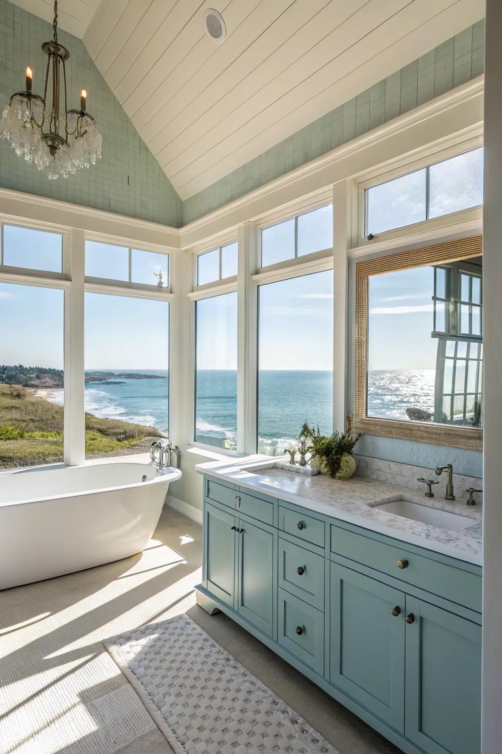 Sunlight streaming into a coastal-themed bathroom produces an airy atmosphere.