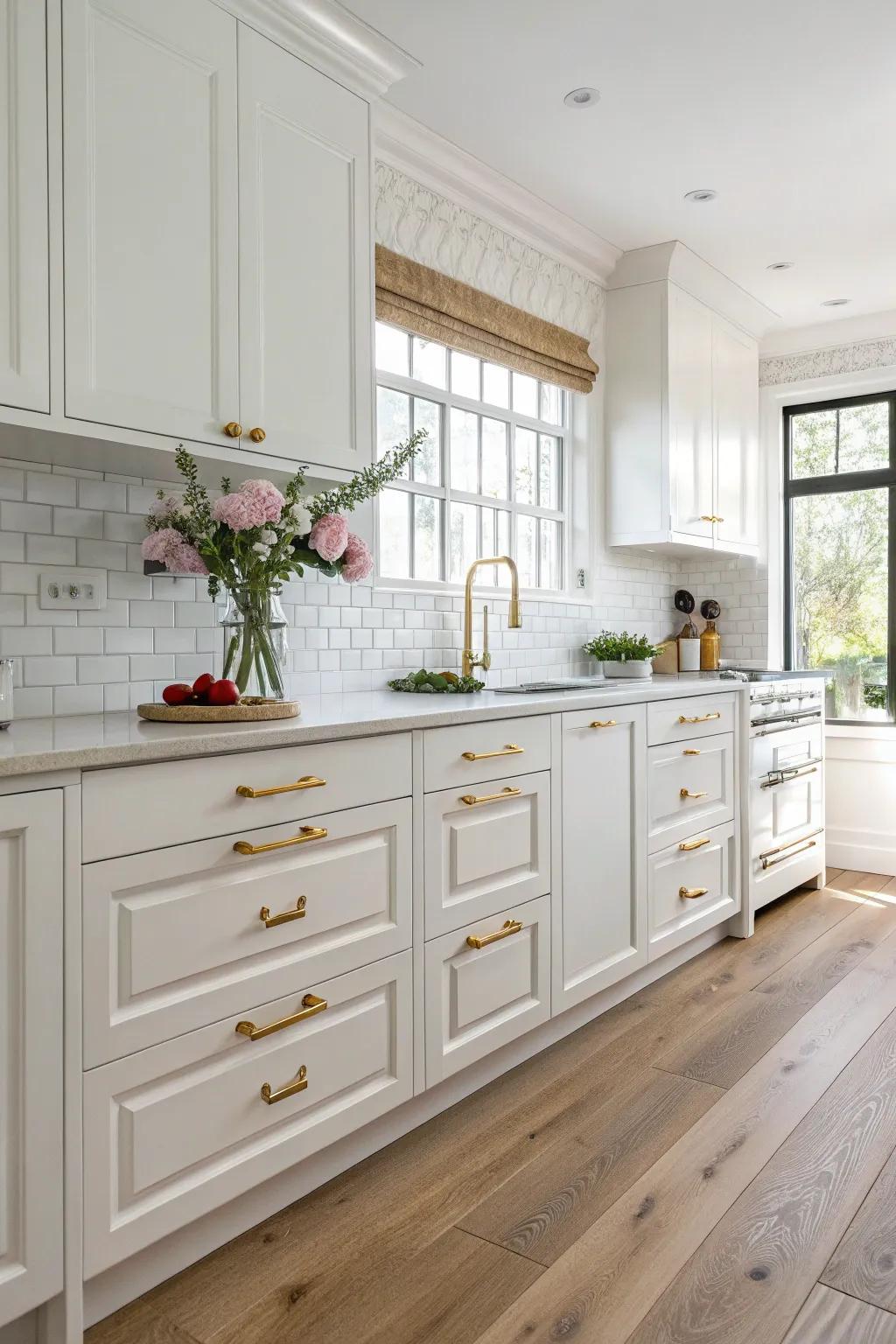 Refined bronze elements enhance the inviting atmosphere of an ivory kitchen.