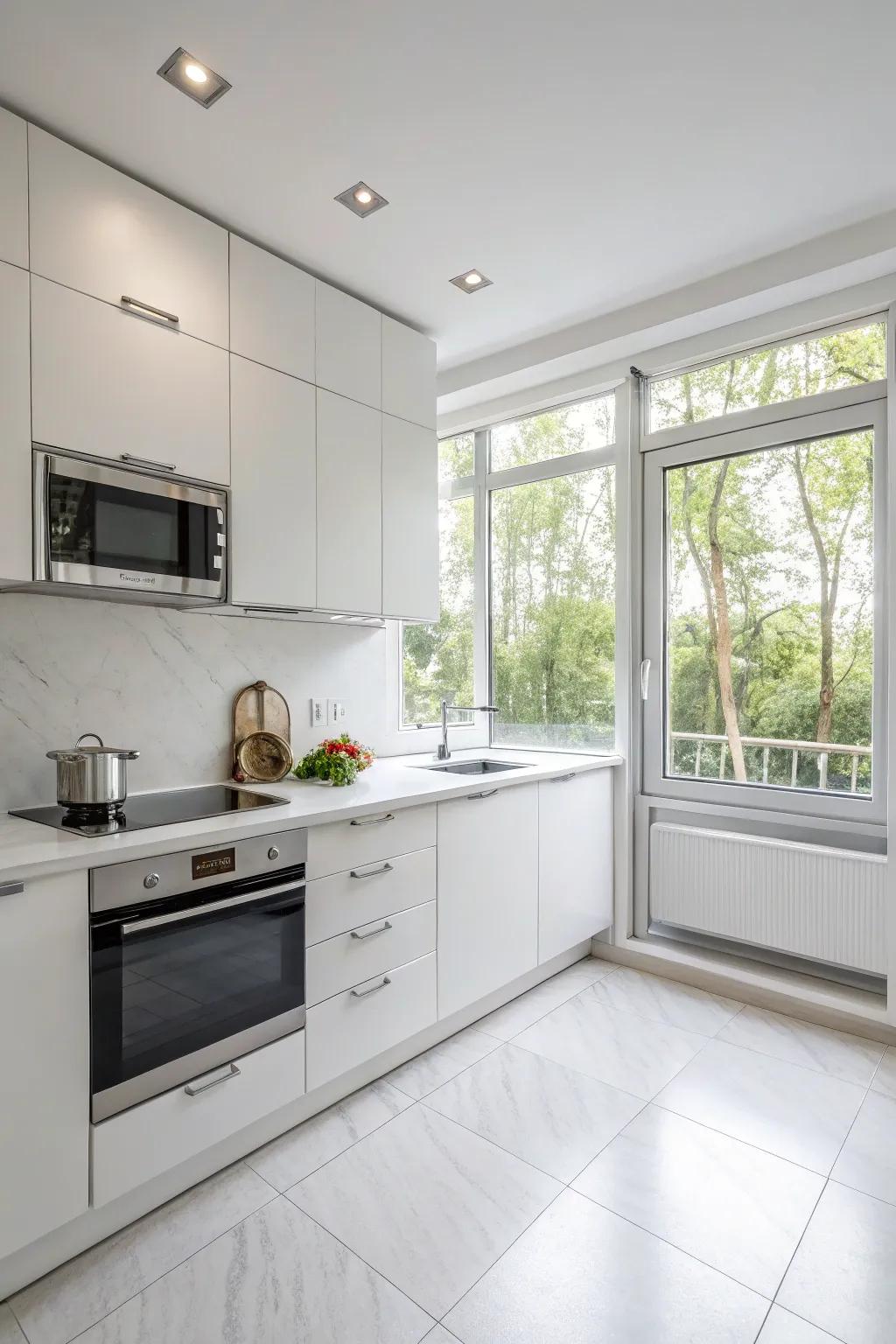 Sleek white cabinets in a modern, minimalist design produce an uncluttered, spacious kitchen.