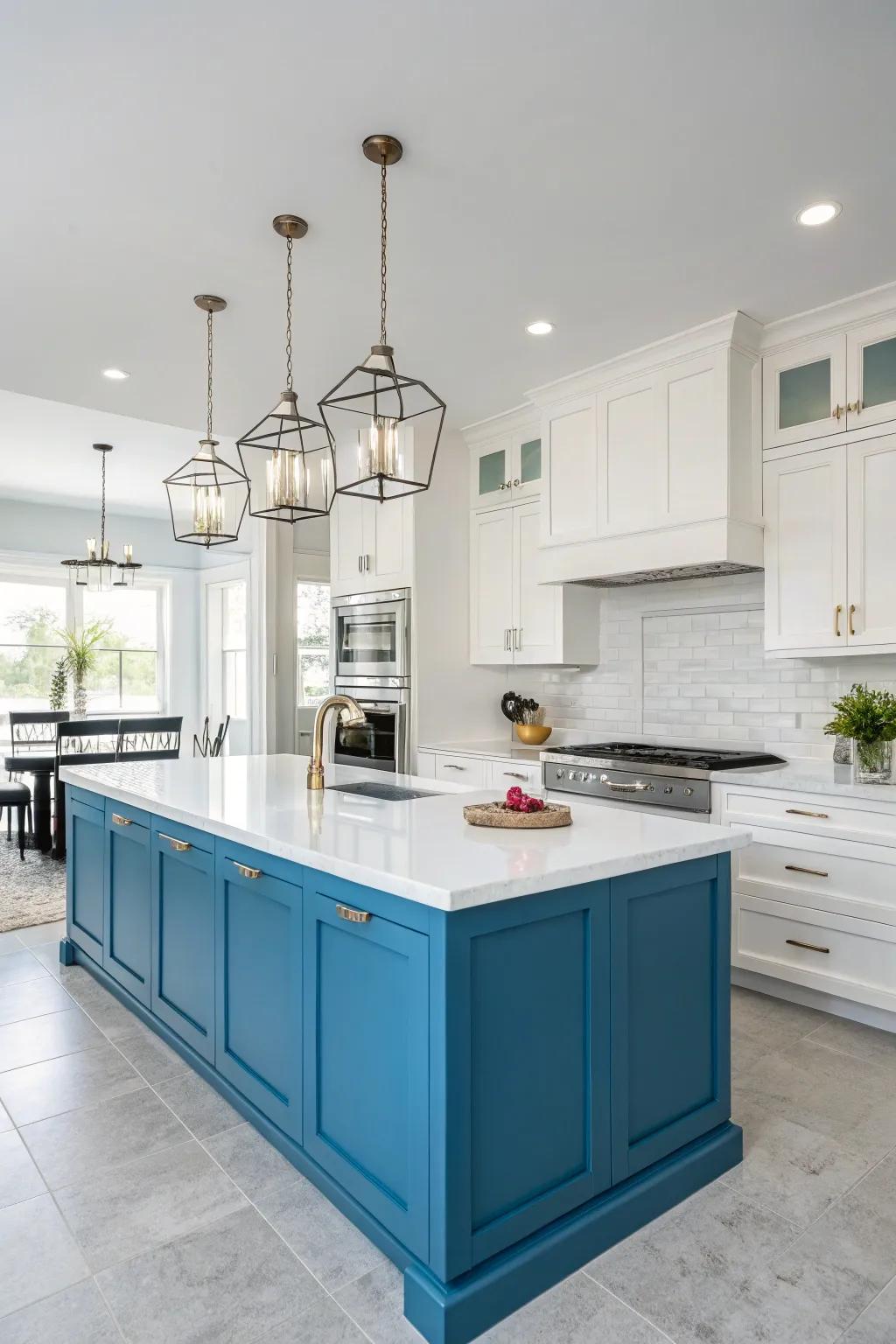 A lively blue island infuses a white kitchen with a burst of color, creating a compelling focal point.