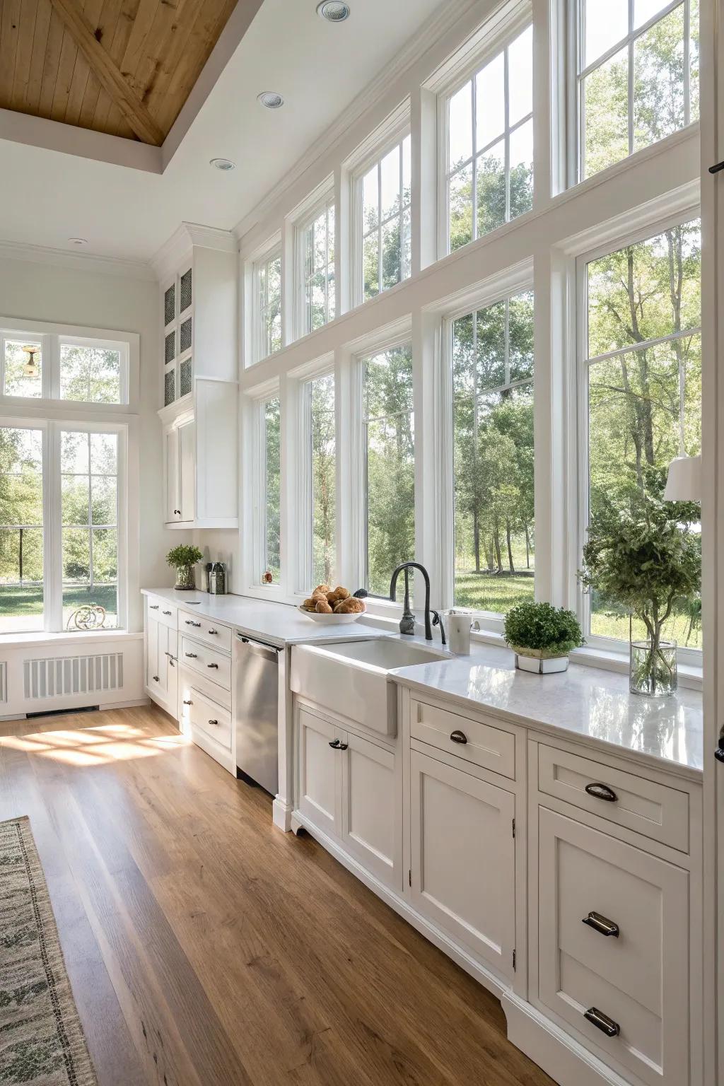 A white kitchen with an open design, saturated with natural light.