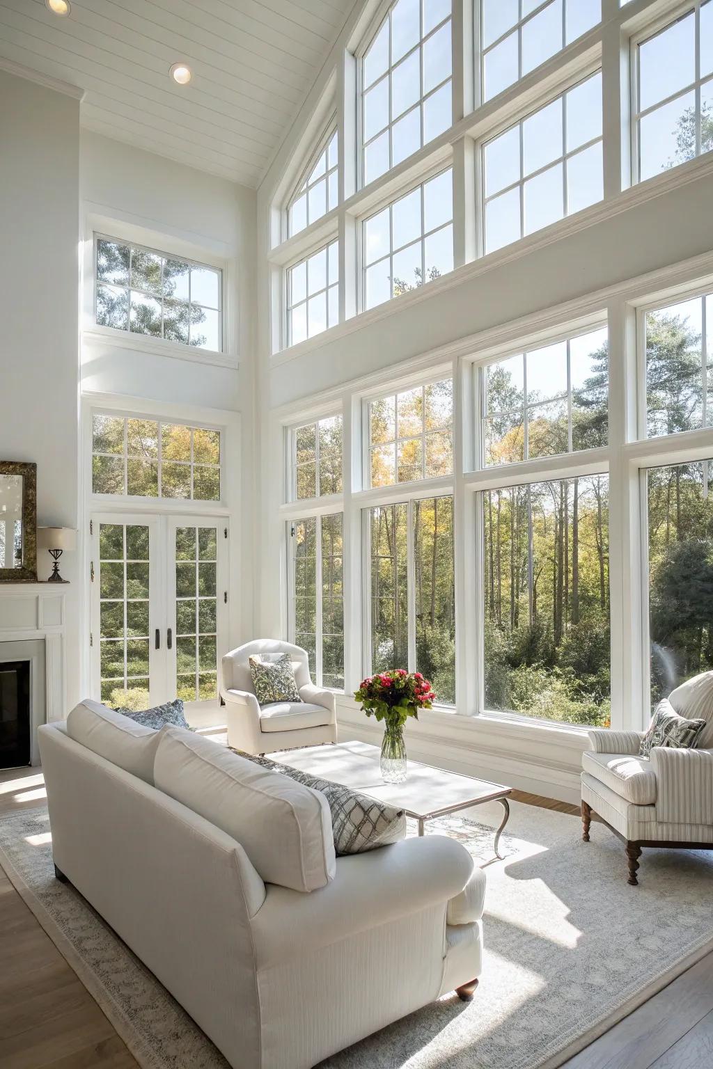Sunlight enhances the appeal of a white living room.
