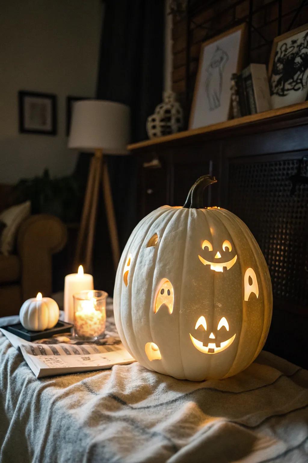 A spooky face carved into a pale pumpkin, ideal for a spectral night.