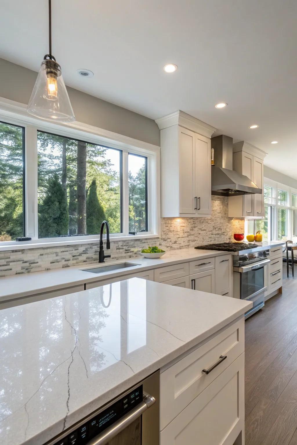 Quartz at full height fostering a fluid and elegant kitchen view.