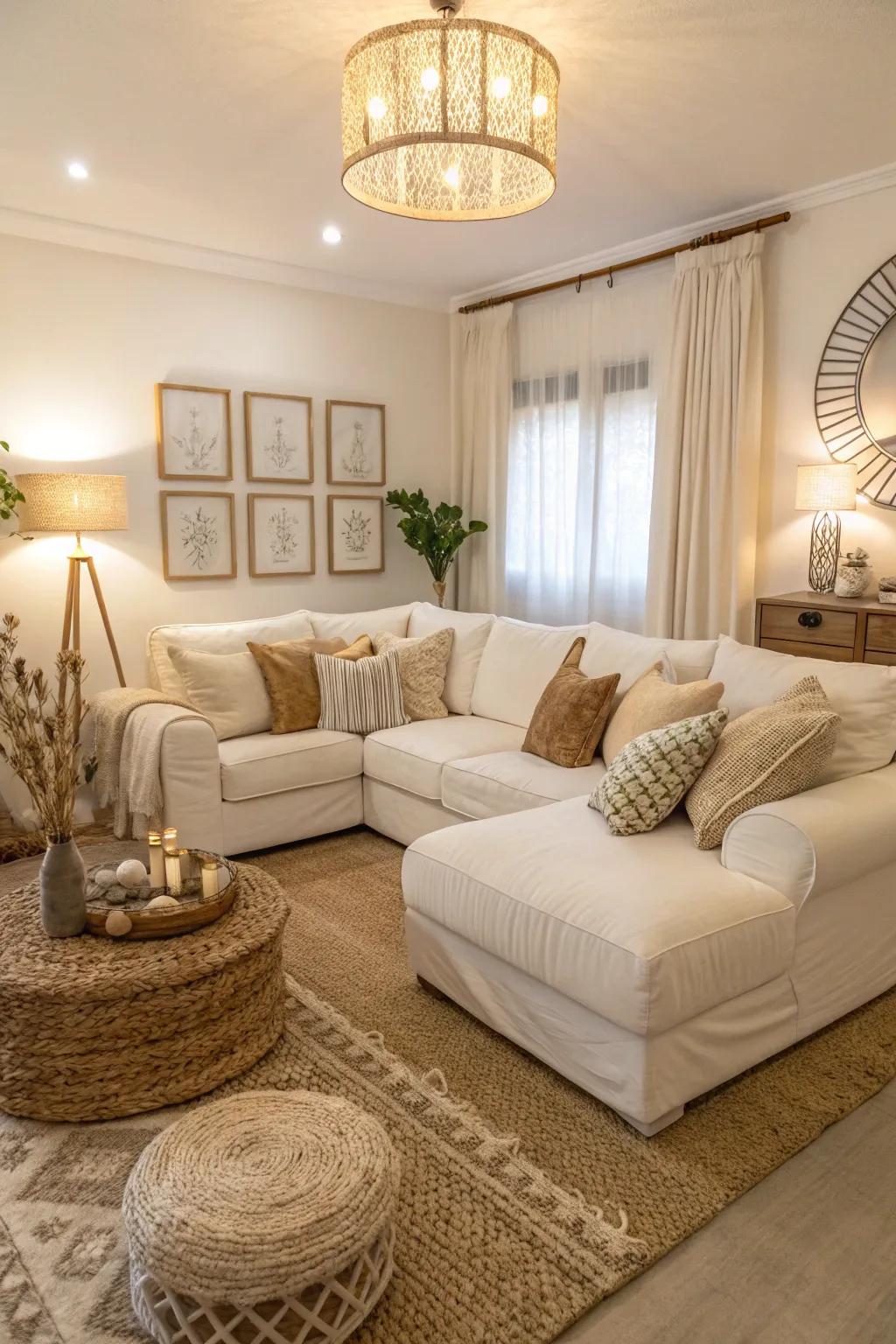 A seamless mix of calming shades with a white sectional taking center stage.