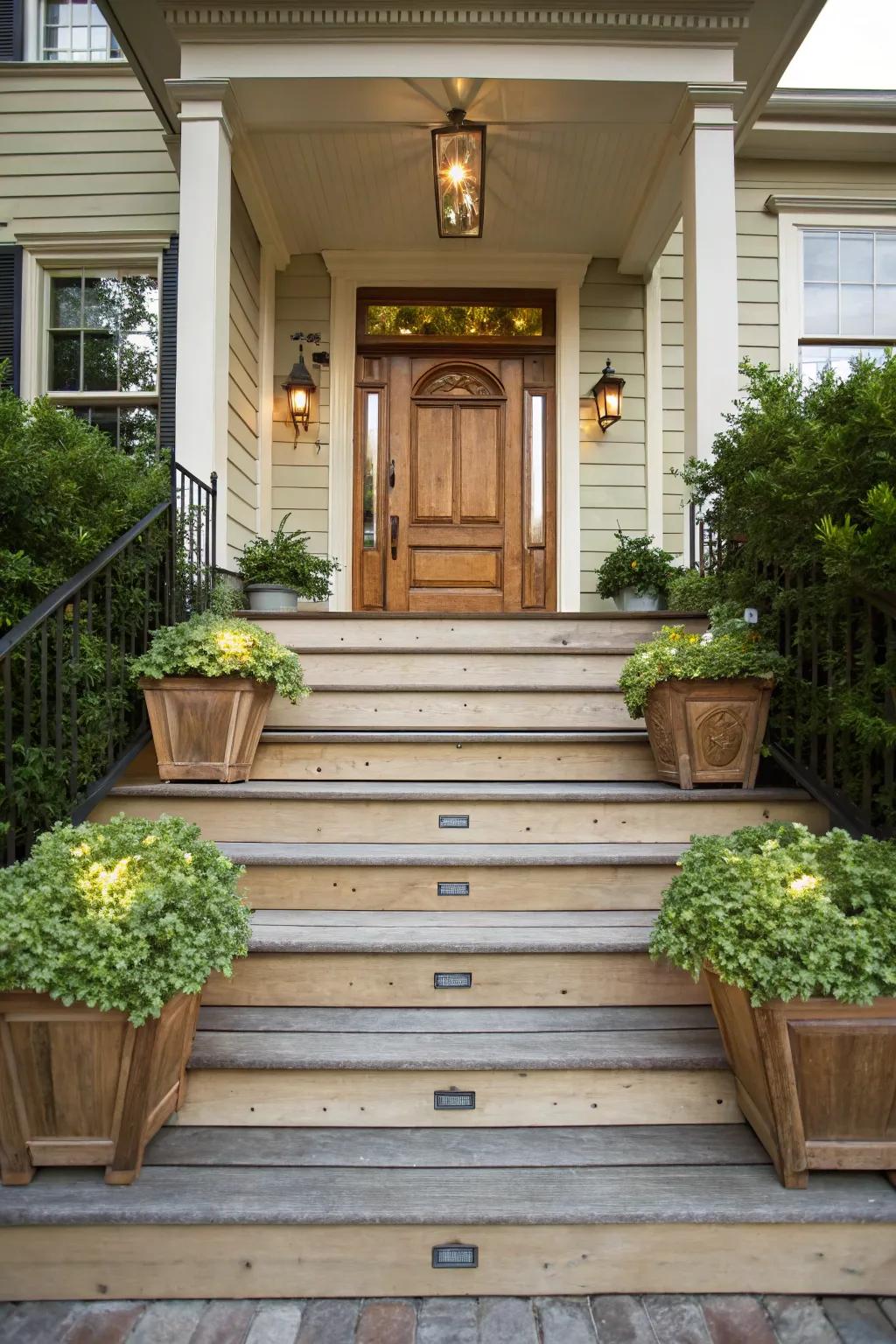 Symmetrical steps craft an entryway that's both balanced and welcoming.