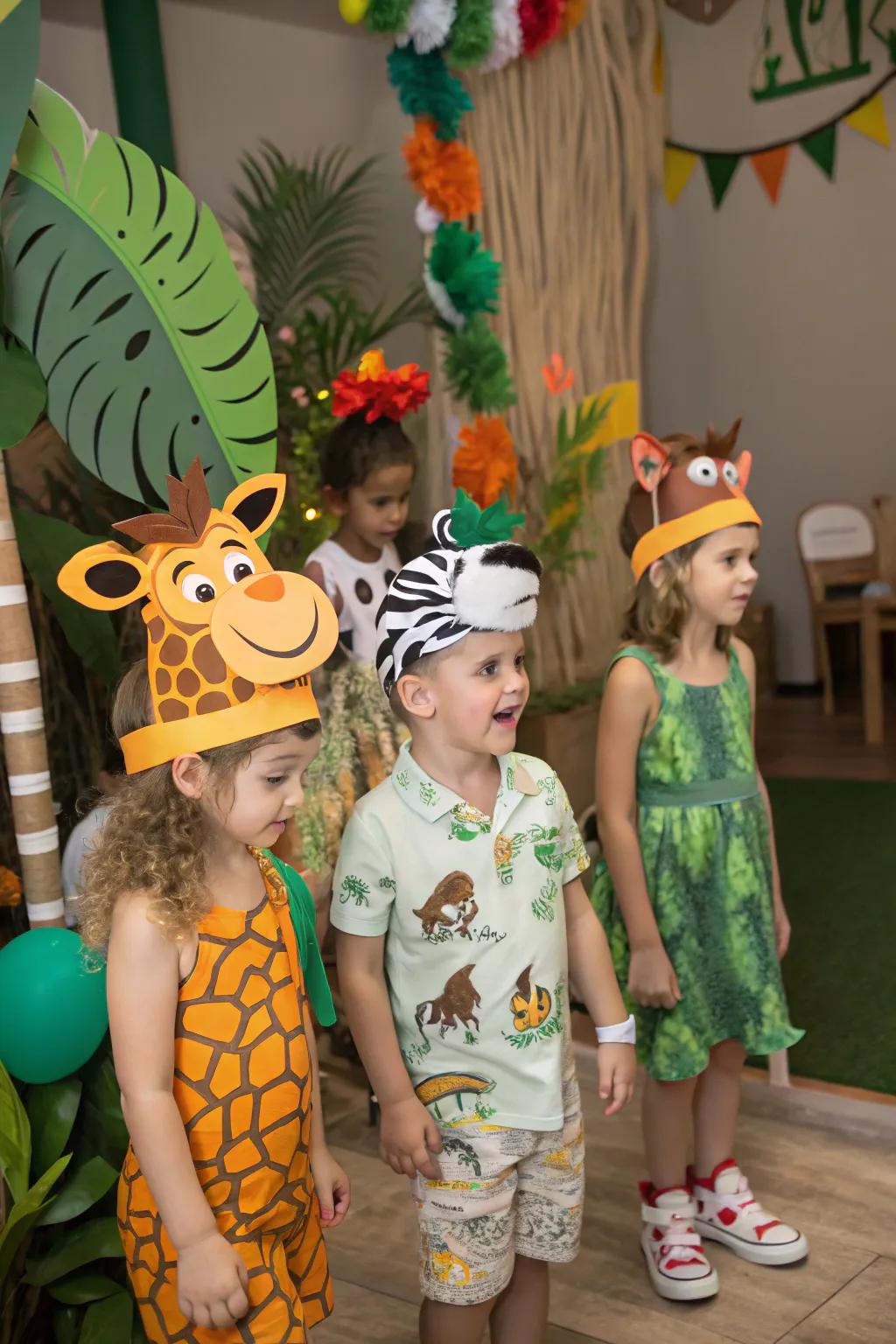 Children morphing into untamed creatures with lively jungle crowns.