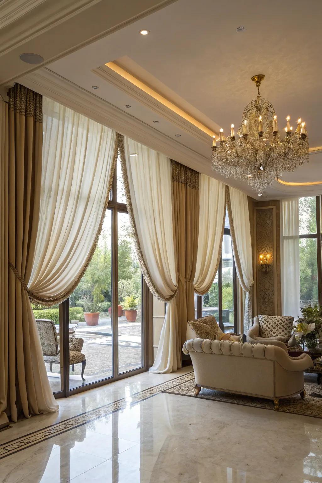 Cascading curtains bring theatrical elegance to expansive windows.