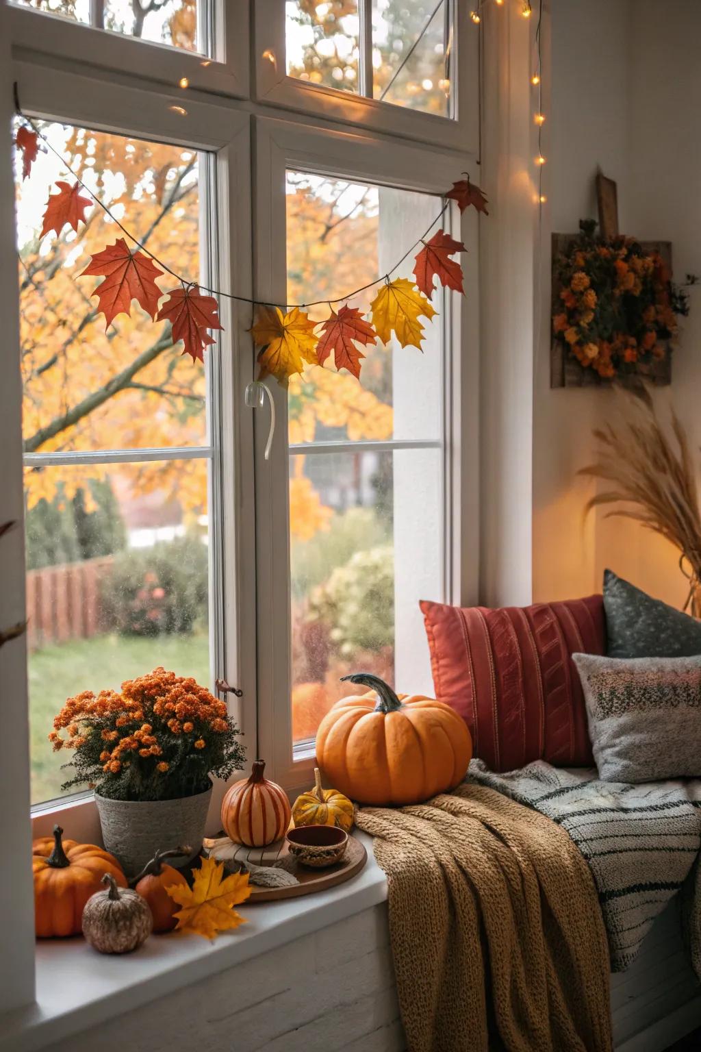 This fall-themed window display brings the season's cozy atmosphere indoors.