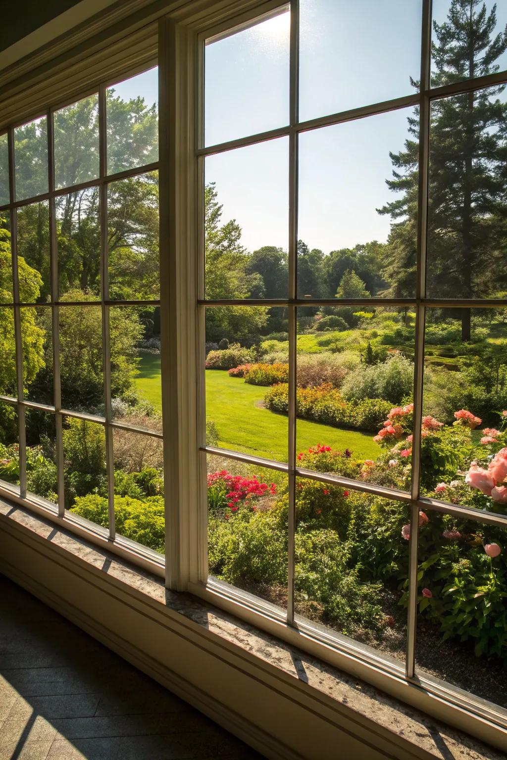 An expansive window showcases a breathtaking panoramic vista of a flourishing garden.