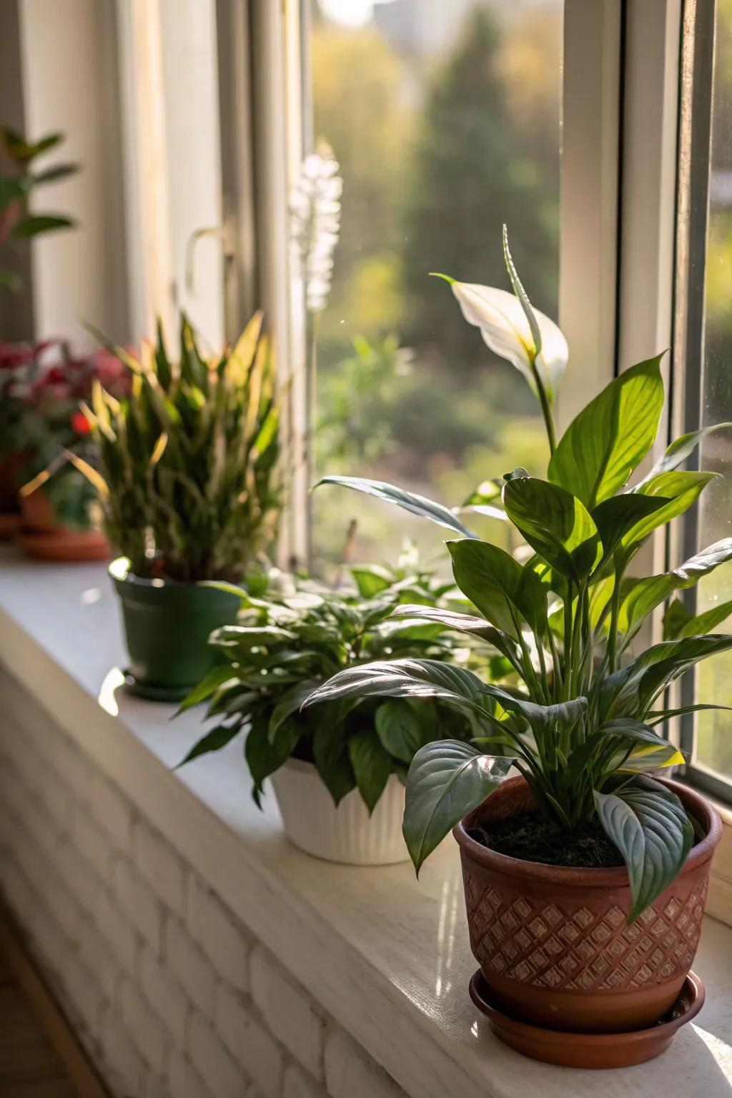 A window sill bursting with life, showcasing succulents and a peace lily in full splendor.