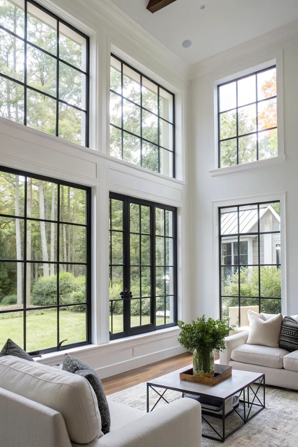 Black window trim brings a modern touch to a well-lit living area.