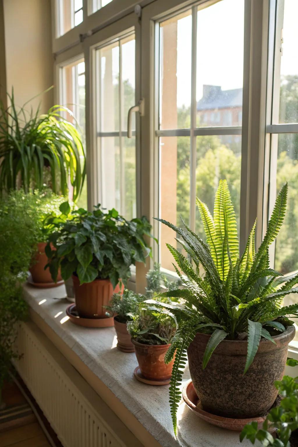 A lively assortment of potted plants adds vitality to the windowsill.