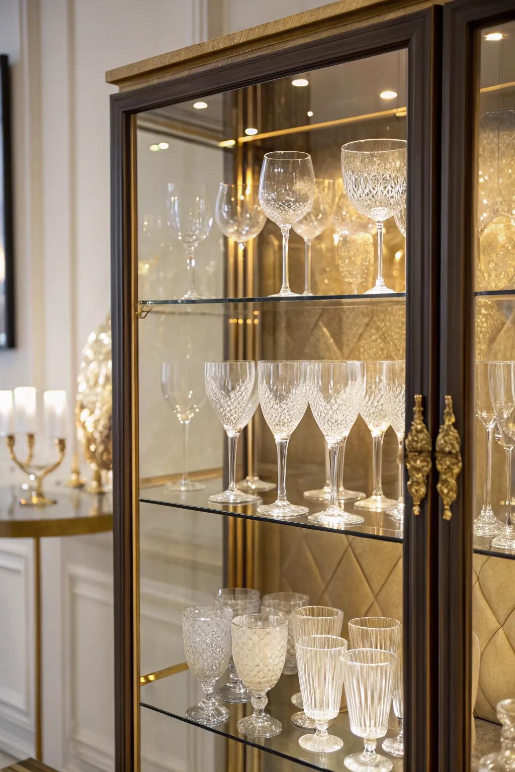 A refined glass cabinet showcasing various wine glasses.