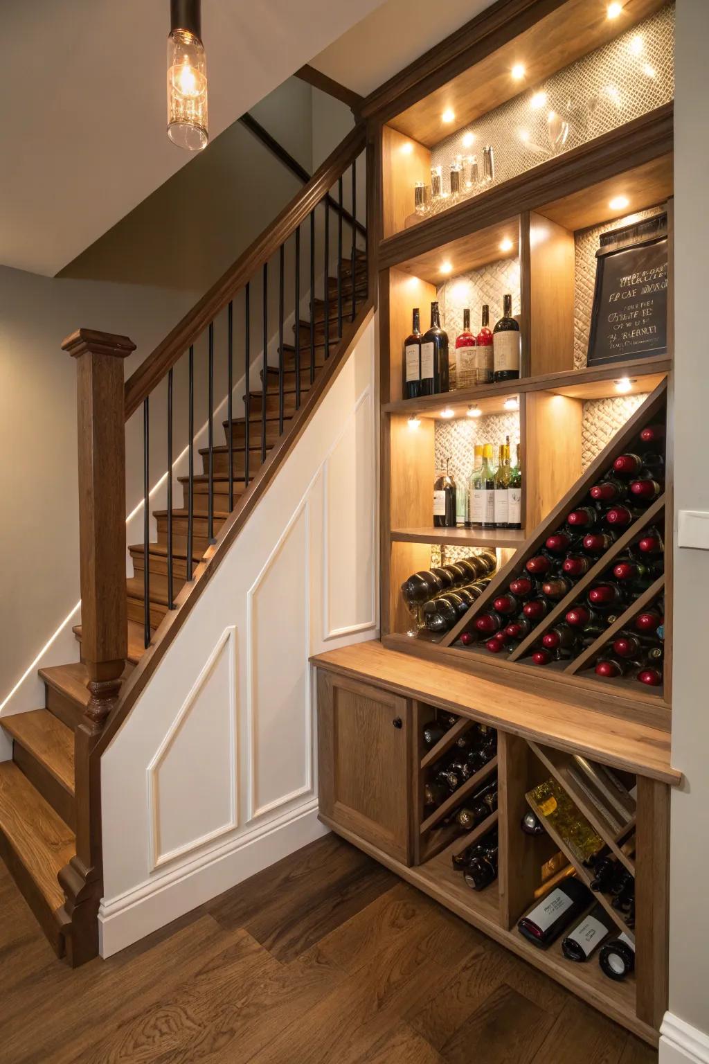 A transformed under-stairs space into a cozy wine nook.