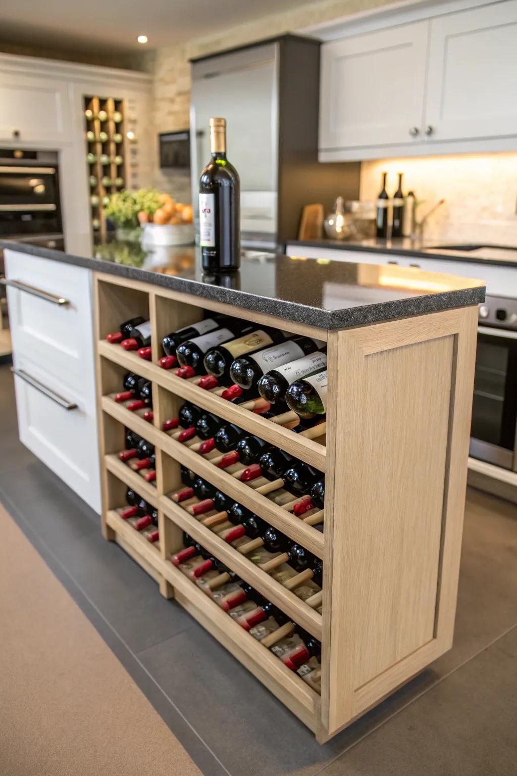 An island enhanced with integrated bottle racks introduces both panache and practicality.