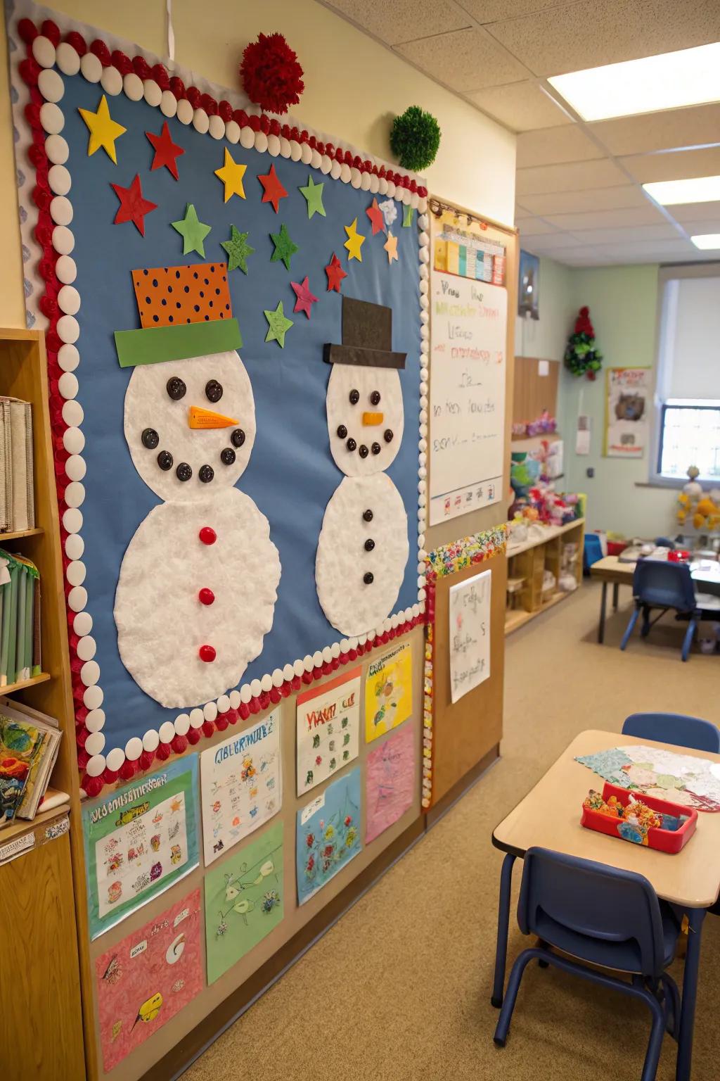 Handmade snowmen infuse the preschool bulletin board with the enchantment of winter.