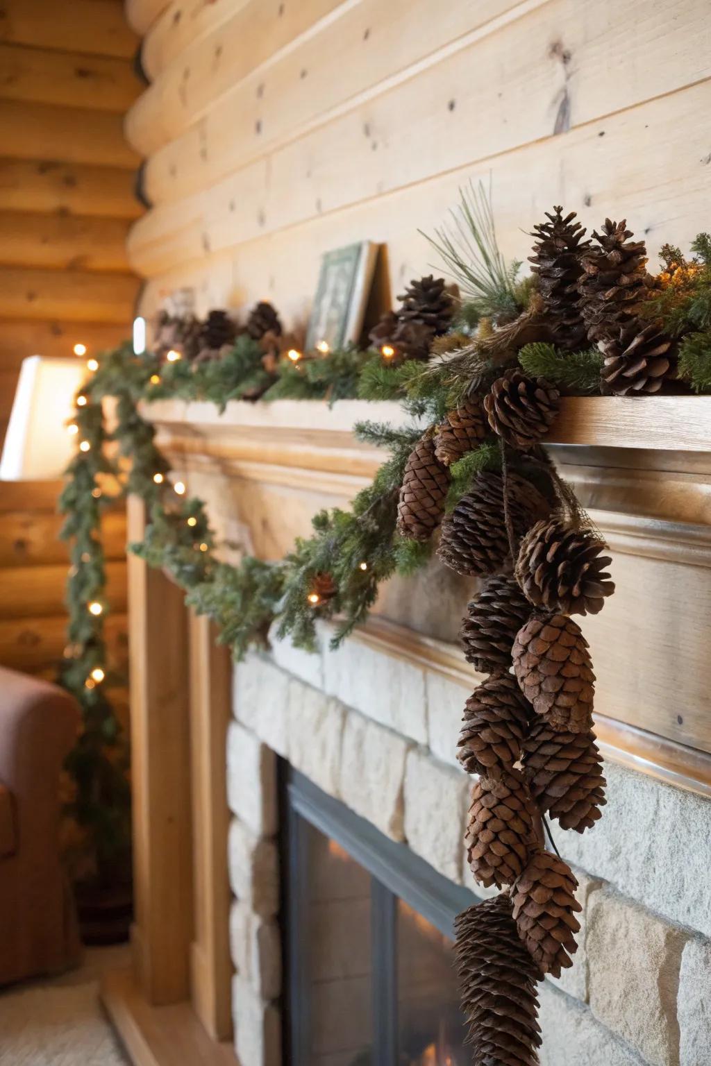 A woodland cone wreath elegantly graces a fireplace mantel.