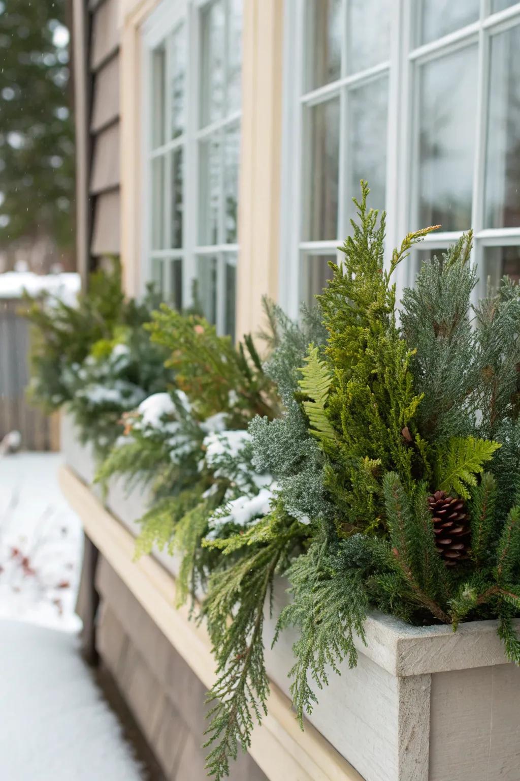 A winter window box filled with lush evergreens in varying shades creates a timeless look.